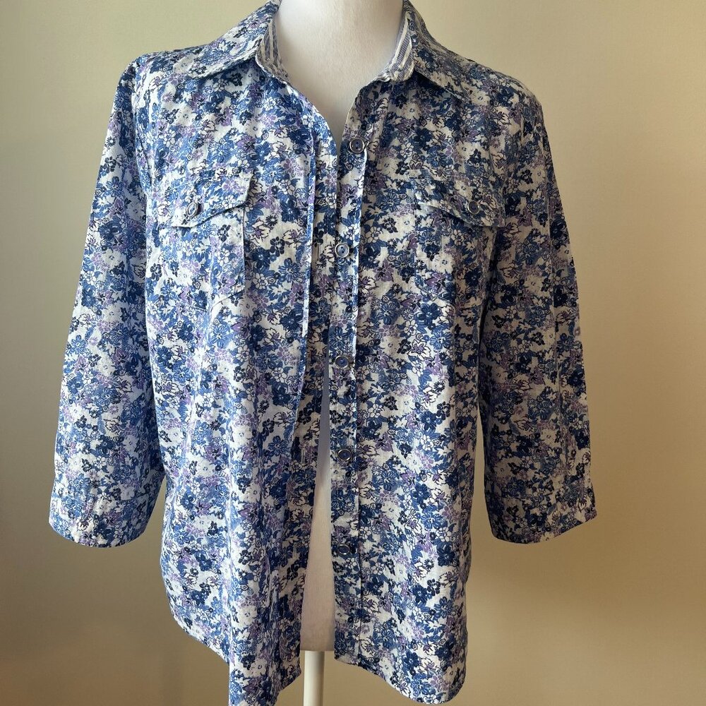 Karen Scott Blue Floral Button Down Shirt